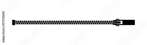 Zipper icon. Zip brush. Fastener pattern. Simple ziper line. Puller closure. Clasp with teeth. Black abstract buckle isolated on white background. Pull to the side. Slider lock. Vector illustration