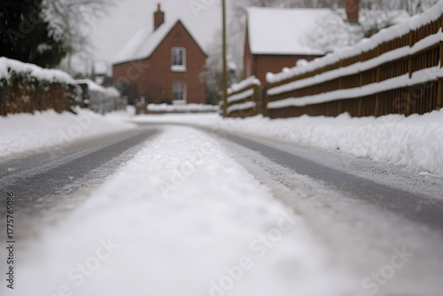 Wallpaper Mural Snowy street, houses under snow, winter road, covered in white and cold snow, creating a picturesque scene. A beautiful winter wonderland on the road on a cold day. Torontodigital.ca