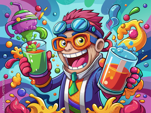 A mad blender wearing goggles mixes colorful juices like a chemistry experiment, splashes everywhere, radiating chaos, fun, and energy, detailed vector cartoon