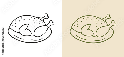 black and white hand-drawn line art icon of a whole roasted turkey on a platter. doodle style vector perfect for Thanksgiving, winter holidays, celebration menus, or festive autumn designs.