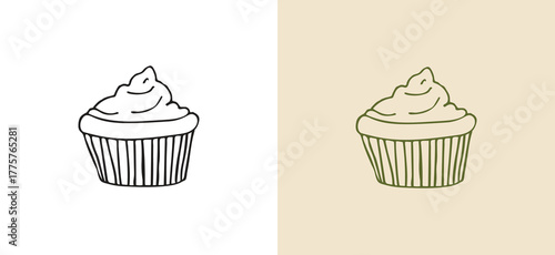 black and white hand-drawn line art icon of a delicious cupcake with frosting. This doodle style vector is ideal for bakeries, dessert menus, sweet treats, party invitations, or holiday celebrations.