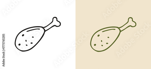 black and white hand-drawn line art icon of a cooked chicken drumstick. This doodle style vector is great for barbecue, fast food, restaurant menus, poultry shops, or general meat and food design.