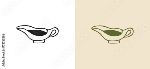black and white hand-drawn line art icon of a classic gravy boat filled with sauce. doodle style vector great for holiday dinners, Thanksgiving themes, food recipes, cooking blogs, restaurant menus.