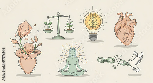 Collection of delicate hand drawn illustrations representing mental health and self care concepts. Symbols of balanced scales, brain in lightbulb, blooming human heart, person in meditation