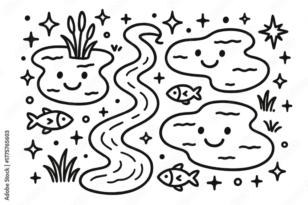 Obraz premium Smiling Waterscape Doodle. Charming doodle vector composition of a friendly collection scene with rivers and lakes smiling,