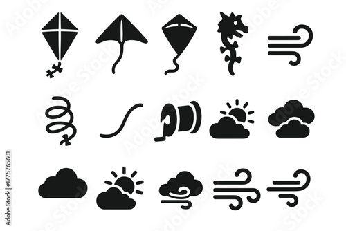 Kite Icons Collection. Solid style icons of Kites and Shapes: Diamond Kite, Delta Kite, Box Kite, Dragon Kite, Tail, String, Reel,