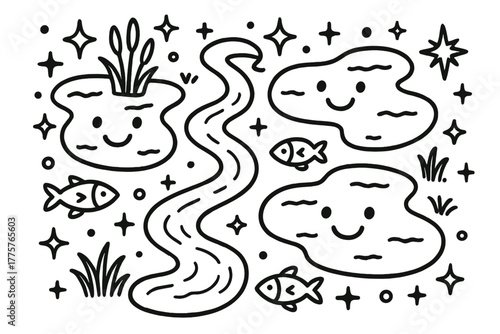 Smiling Waterscape Doodle. Charming doodle vector composition of a friendly collection scene with rivers and lakes smiling,