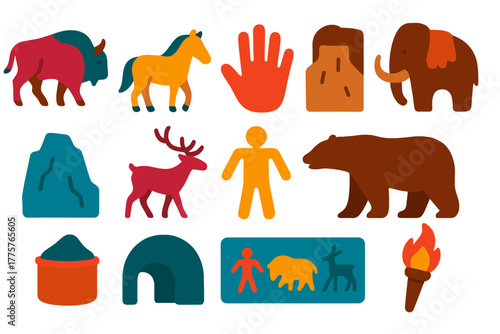 Cave Art Icons. Flat vector icons of Famous Cave Paintings: bison, horse, handprint, mammoth, rock wall, reindeer, human figure,