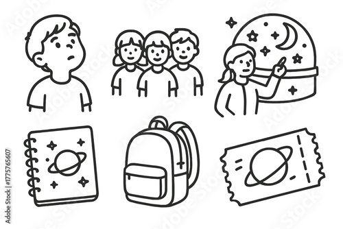 Planetarium School Visit. Line style icons of children in planetarium: child looking up, group of students, teacher pointing,