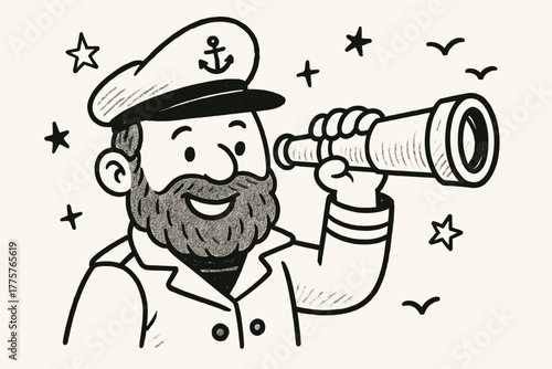 Captain's Cheerful Spyglass. Friendly spyglass held by a smiling captain, little doodle stars and birds flying around