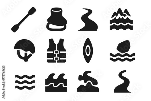 Kayaking Essentials Icons. Solid style icons of Kayaking: Paddle, Spray Skirt, River, Rapids, Helmet, Life Jacket, Kayak, Water,