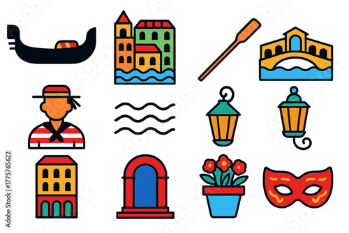 Venice Travel Icons. Flat vector icons of Venice Travel: gondola, Venice, canal, oar, bridge, gondolier, water, lantern, building,