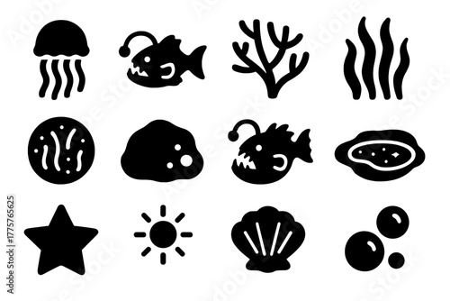 Ocean Glow Icons. Solid style icons of Ocean Glow: Jellyfish, Bioluminescent Fish, Coral, Seaweed, Algae Bloom, Rock, Deep-Sea