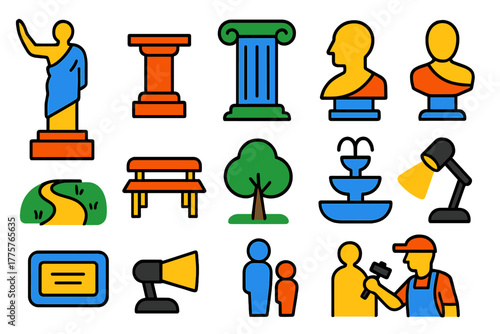 Outdoor Sculpture Icons. Flat vector icons of Outdoor Sculpture Garden: statue, pedestal, column, bust, pathway, bench, tree,