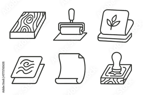 Traditional Printmaking Icons. Line style icons of traditional printmaking: woodblock, hand roller, stone lithography, copper