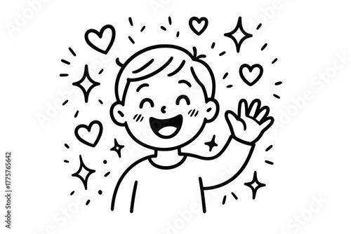 Joyful Avatar Doodle. Charming doodle vector composition of a happy avatar character waving joyfully, surrounded by doodle