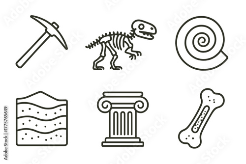 Paleontology Icon Set. Line style icons of paleontological symbols: excavation pick, dinosaur skeleton, fossil spiral, museum