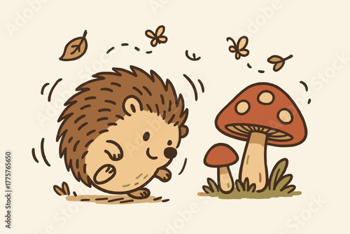 Hedgehog's Whimsical Roll. Cartoon hedgehog rolling near mushrooms, tiny doodle butterflies and leaves fluttering around