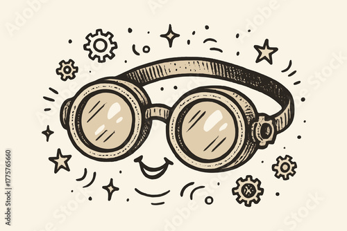 Steampunk Goggles Doodle. Whimsical doodle vector illustration of smiling steampunk goggles with shiny lenses, surrounded by tiny