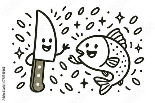 Joyful Chat with Confetti. Playful doodle vector scene of a knife and fish chatting joyfully, while rice grains and doodle