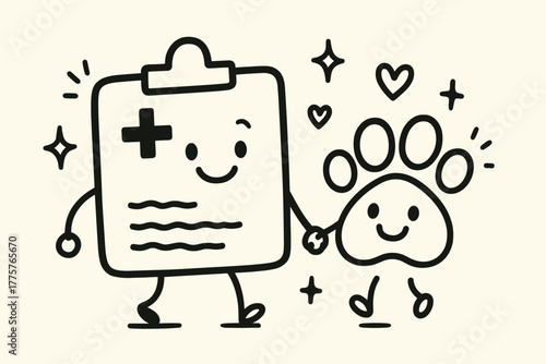 Cheerful Health Companions. Delightful doodle vector artwork of a smiling medical chart holding hands with a happy paw print,