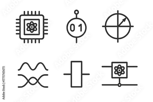 Quantum Computing Icons. Line style icons of quantum computing: quantum chip, qubit, Bloch sphere, superposition symbol, quantum