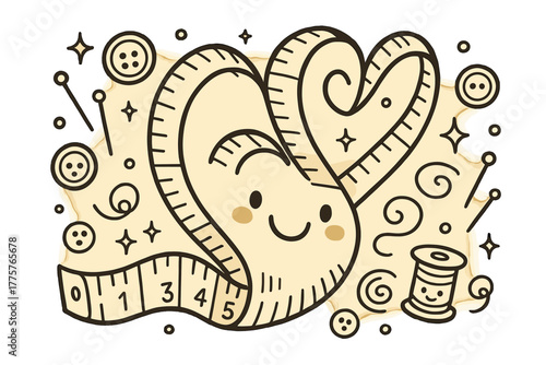 Whimsical Sewing Doodles. Whimsical doodle vector illustration of a smiling measuring tape curling into heart shapes, surrounded