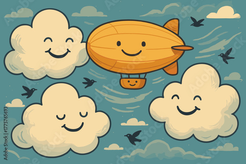 Smiling Zeppelin Passage. Happy cloud family parting to let a smiling zeppelin pass, birds riding the breeze