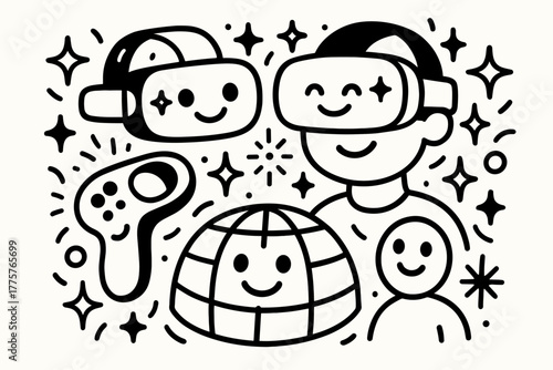 Joyful VR Doodle. Joyful doodle vector artwork of a VR world where headset, controller, grid, and avatar all smile together among