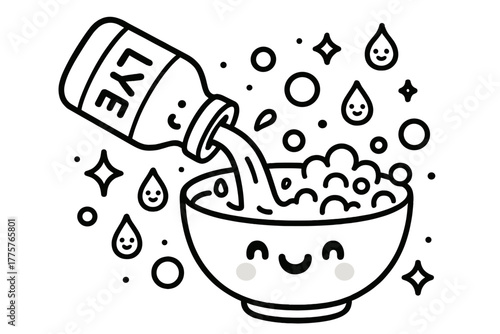 Happy Cleaning Scene. Cute doodle vector scene of a smiling lye bottle pouring into a happy mixing bowl surrounded by bubbles,