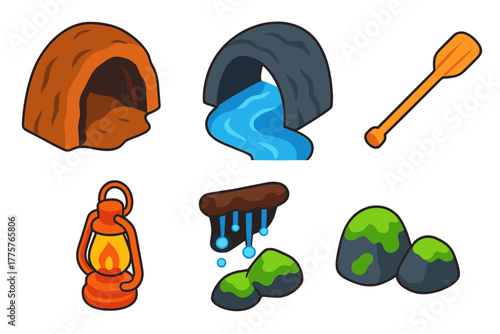 Subterranean River Adventure. Isometric vector illustration set Subterranean River: Cave Tunnel, Underground Water, Canoe Paddle,