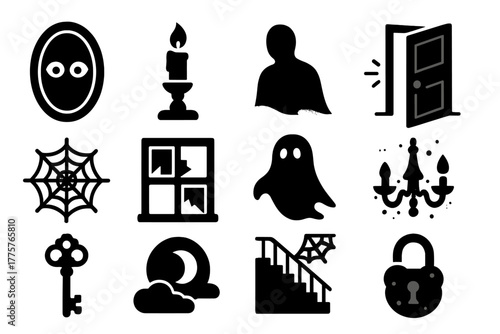 Haunted House Icons. Solid style icons of Haunted House Interior: Portrait Eyes, Candlestick, Shadow, Creaking Door, Spider Web,