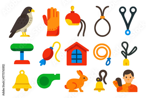 Falconry Icon Set. Flat vector icons of Falconry Lifestyle: falcon, glove, hood, jess, perch, lure, mews, tether, bell, whistle,
