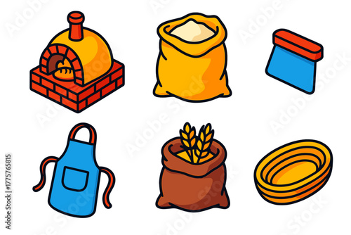 Artisan Bakery Essentials. Isometric vector illustration set Artisan Bakery: Wood-Fired Oven, Flour Sack, Dough Scraper, Bakers