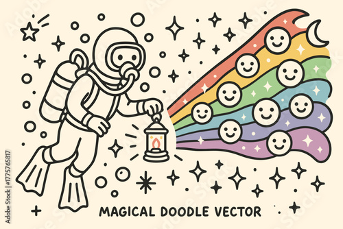 Rainbow Diver Delight. Magical doodle vector design of a diver a lantern projecting rainbow doodle light beams filled with smiling