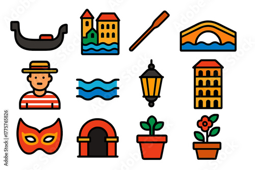 Venice Icon Set. Flat vector icons of Venice Lifestyle: gondola, Venice, canal, oar, bridge, gondolier, water, lantern, building,