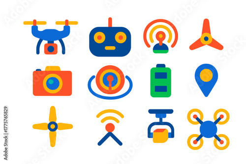 Drone Icon Set. Flat vector icons of Remote Control Drone: drone, remote, camera, propeller, aerial view, battery, GPS, rotor,