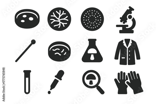 Mycology Lab Icons. Solid style icons of Mycology Lab: Petri Dish, Mycelium, Spore Print, Microscope, Inoculation Loop, Agar Plate