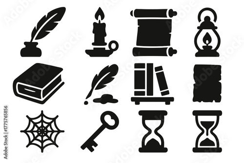 Ancient Writing Icons. Solid style icons of Writing and Study: Quill, Inkpot, Candle, Scroll, Dusty Tome, Fading Ink, Bookshelf,