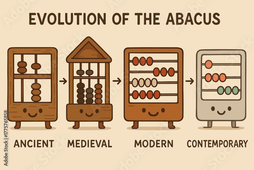 Abacus Evolution Journey. Playful timeline of abacus evolution with tiny smiling abacuses from different eras, each unique