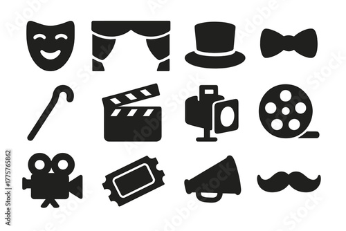 Stagecraft Icon Set. Solid style icons of Acting and Stage: Thespian, Stage Curtain, Top Hat, Bow Tie, Cane, Clapboard, Spotlight,