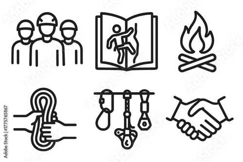 Climbing Community Icons. Line style icons of climbing community: group climbers, guidebook, campfire, shared rope, gear rack,