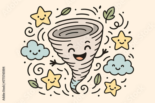 Playful Tornado Scene. Adorable doodle vector design of a playful tornado character twirling with a grin, tossing around smiling