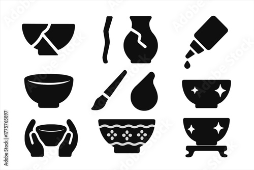 Ceramic Restoration Icons. Solid style icons of Ceramic Restoration: Gold Lacquer, Crack, Broken Pottery, Repair, Ceramic Bowl,