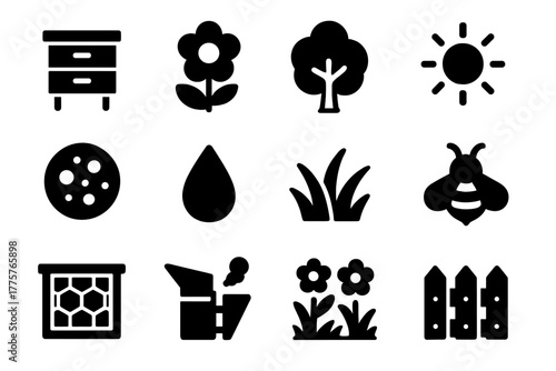 Apiary Icons Collection. Solid style icons of Apiary Environment: Hive, Flower, Tree, Sun, Pollen, Nectar, Grass, Bee, Frame,