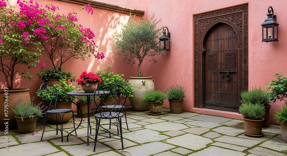 Fototapeta premium Charming Moroccan courtyard with ornate wooden door, lush bougainvillea and potted plants