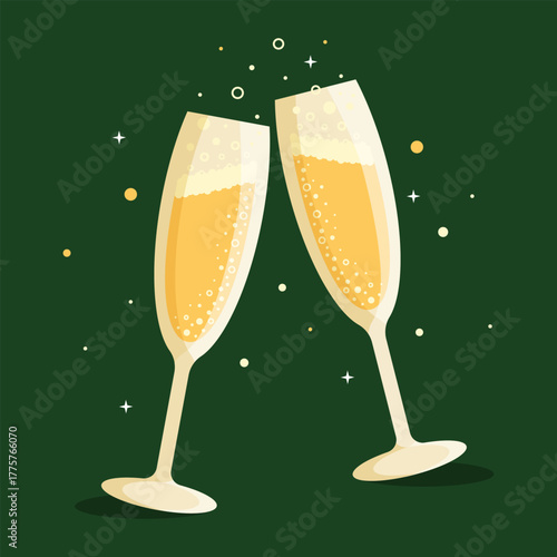 Two glasses of sparkling wine or champagne isolated on a green background. EPS 10