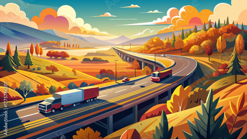 Very beautiful view of a rural American freeway with fast-moving cars and trucks during fall at sunset, showcasing vibrant autumn foliage, open countryside, and interstate transportation infrastructur