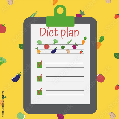Tablet with a sheet of paper, a diet plan, in the lines of vegetables and fruits, apple, strawberry, carrot, broccoli, tomato, cabbage, peas, onion