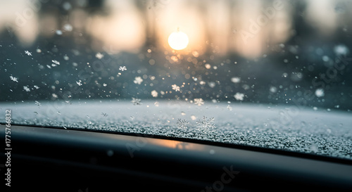 Snow-covered car dashboard with blurred sunset background in winter  